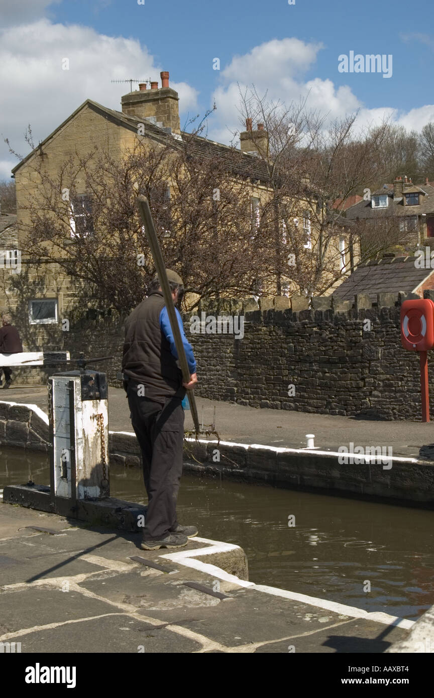 Lock keeper working on the Five Rise locks on the Leeds Liverpool Canal