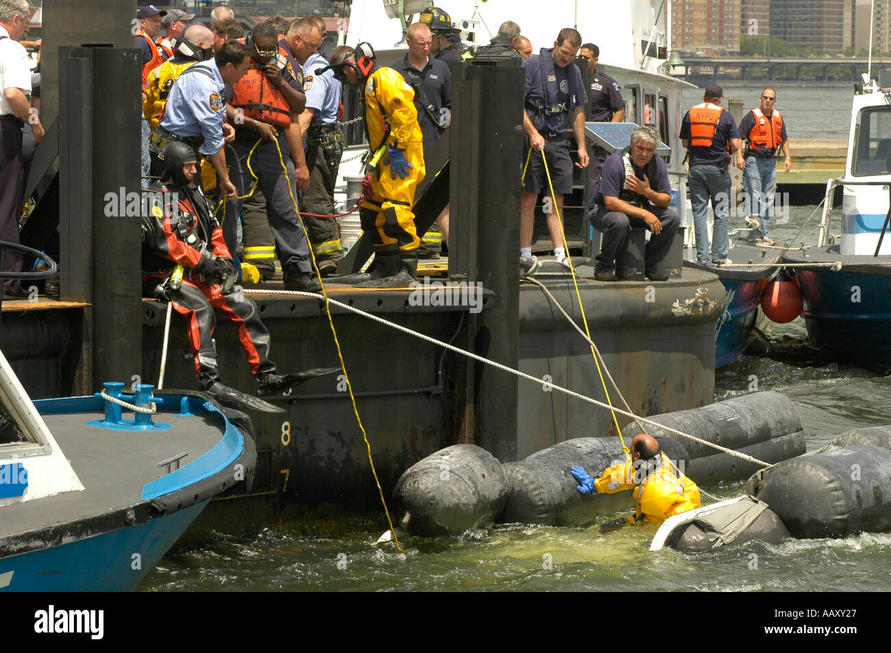 First responders at the wreckage of a helicopter that crashed into the