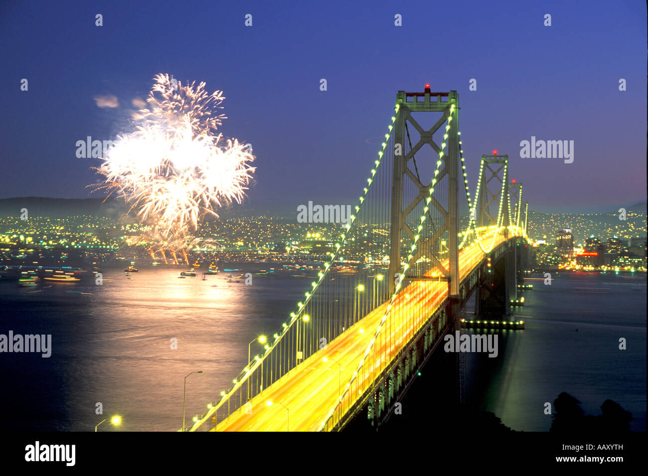 Fireworks Celebration Kaboom over San Francisco Bay Bridge horizontal