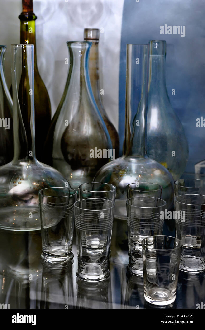 Vintage glassware glasses retorts and bottles Stock Photo
