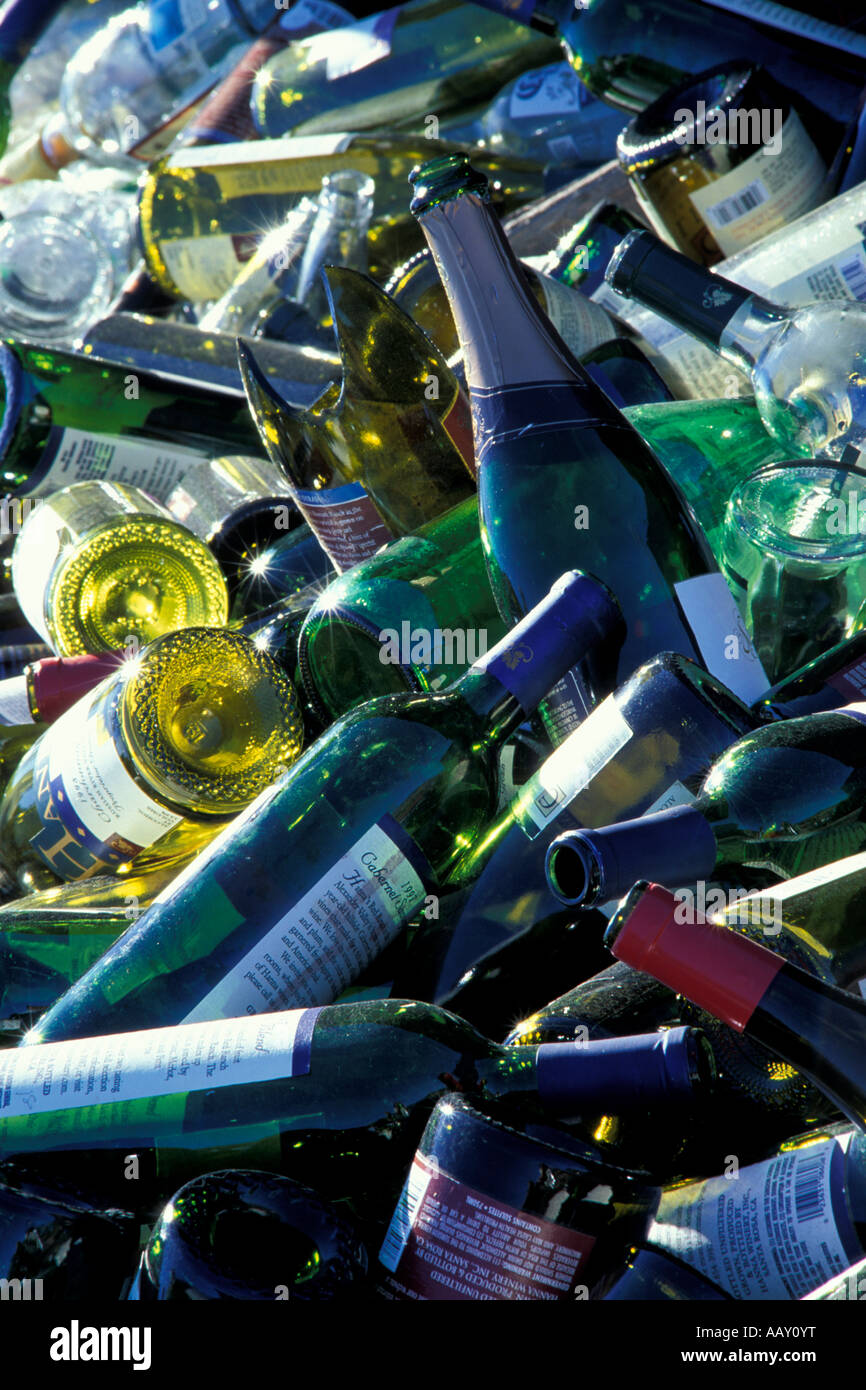 Empty wine bottles recycled after the big party celebration Stock Photo