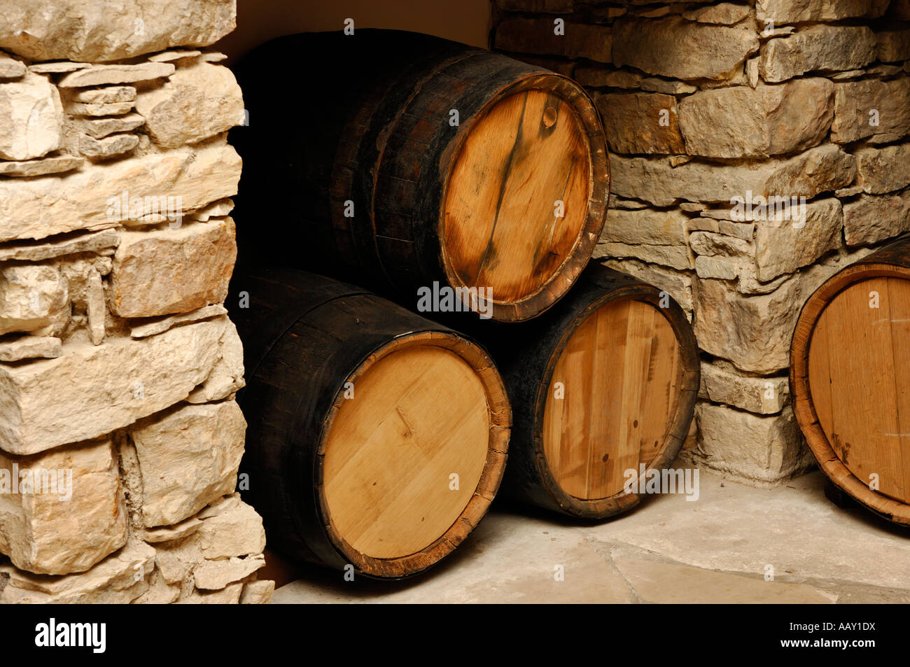 Wine barrels in a wine cellar Stock Photo