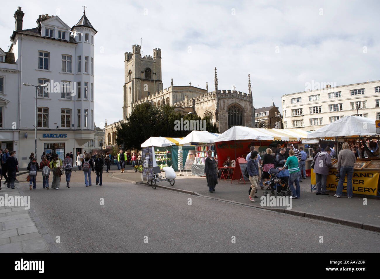 Cambridge market square city centre showing the Cambridge University Church of Great St Mary's. Stock Photo