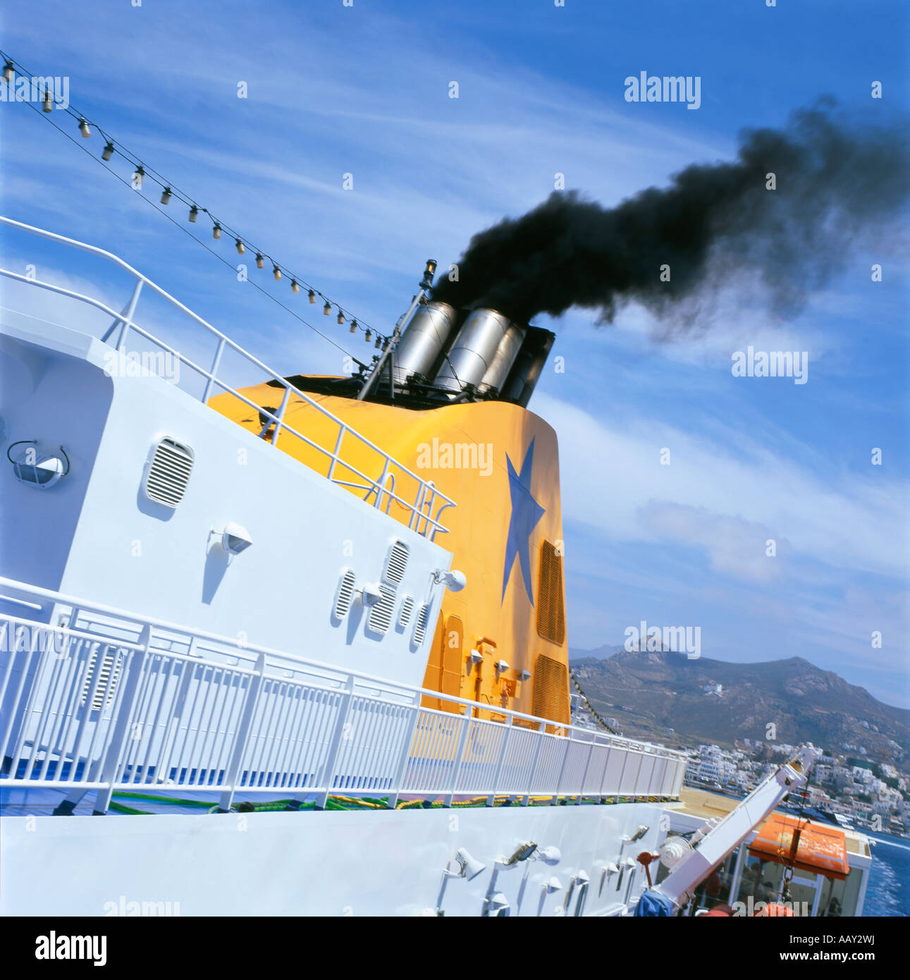 Carbon emissions on a Greek Island ferry, Aegean Sea, Greece Stock Photo