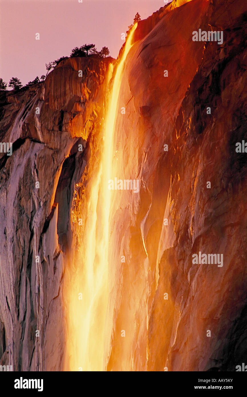 Horsetail waterfall during the firefall in Yosemite Valley in Stock
