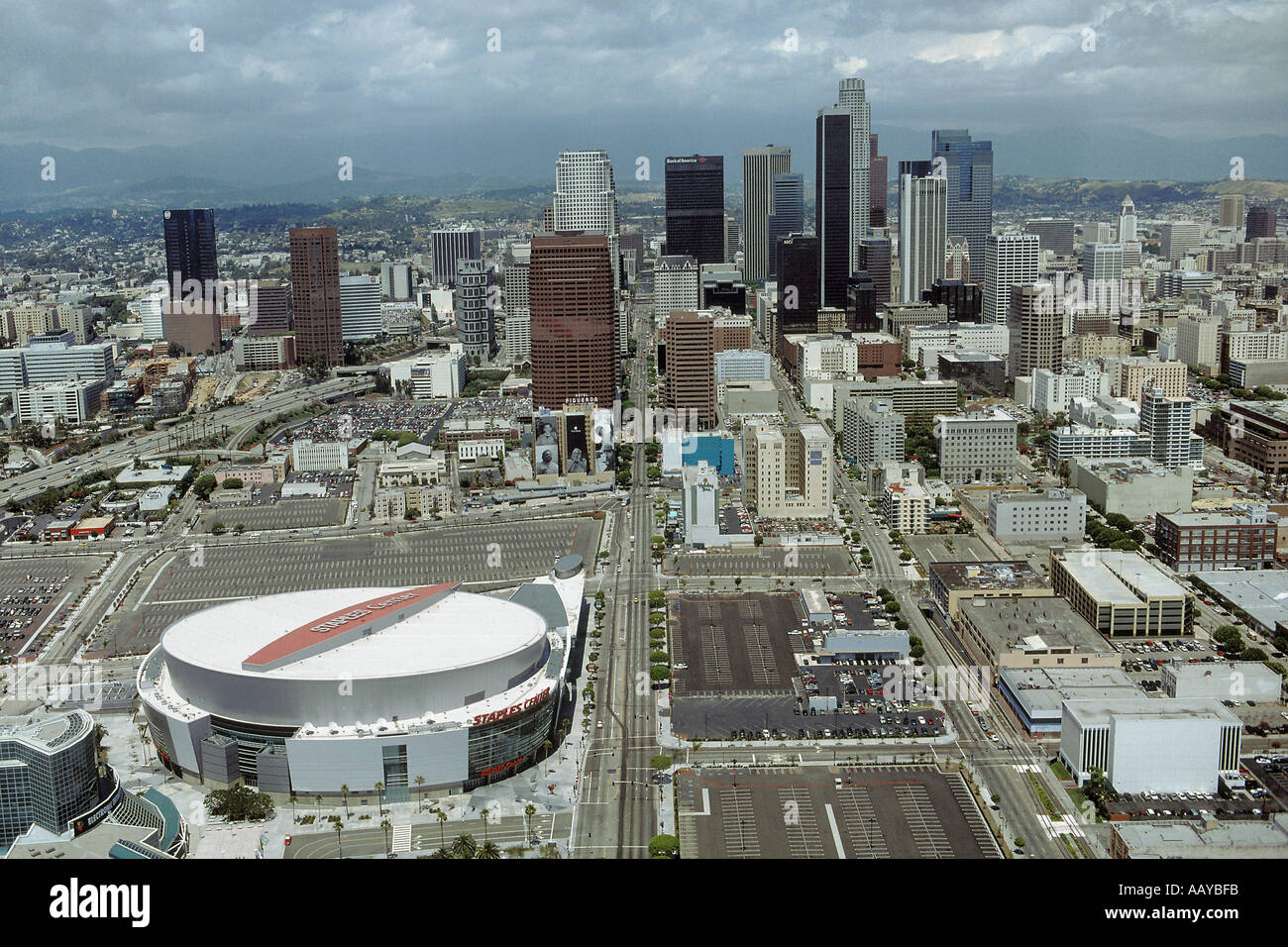 Los Angeles downtown and the popular sports arena Staples where events of all kinds take place Stock Photo