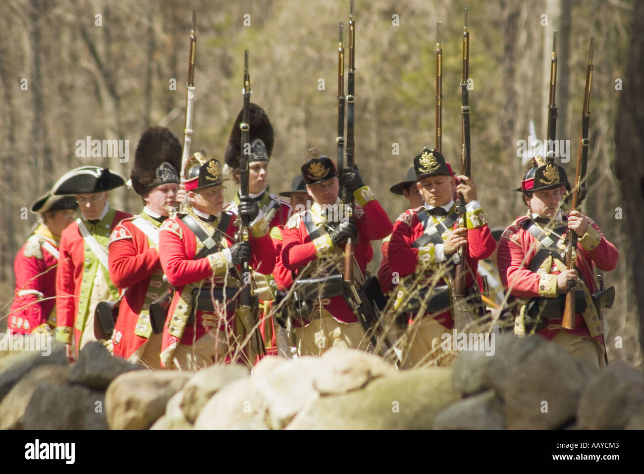 British regulars wait for battle on the frontline Minute Man National Historical Park Massachusetts Stock Photo