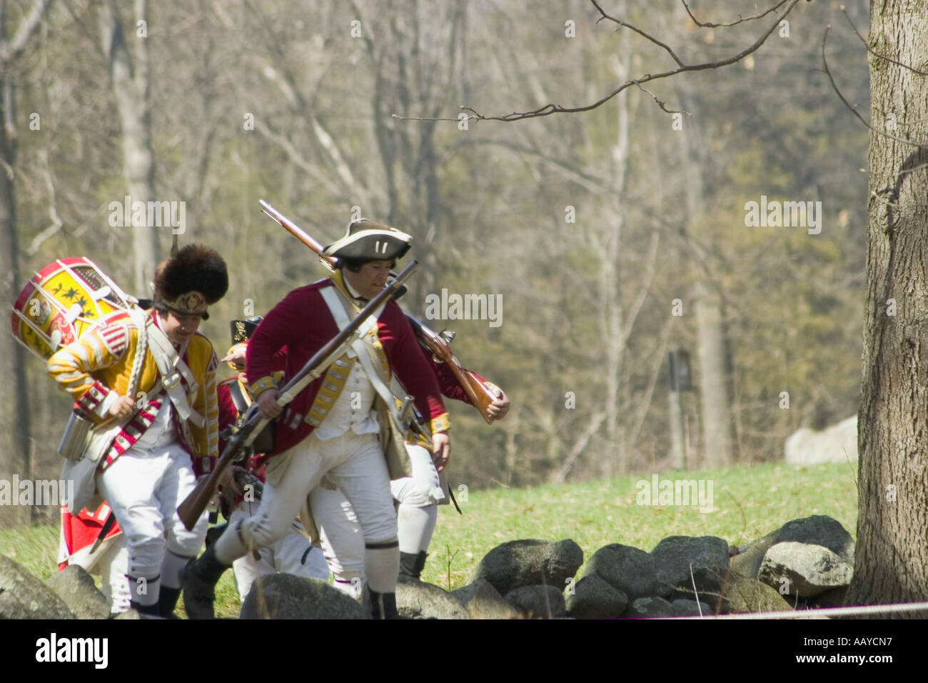 British troops advance at battle reenactment Concord Massachusetts Stock Photo