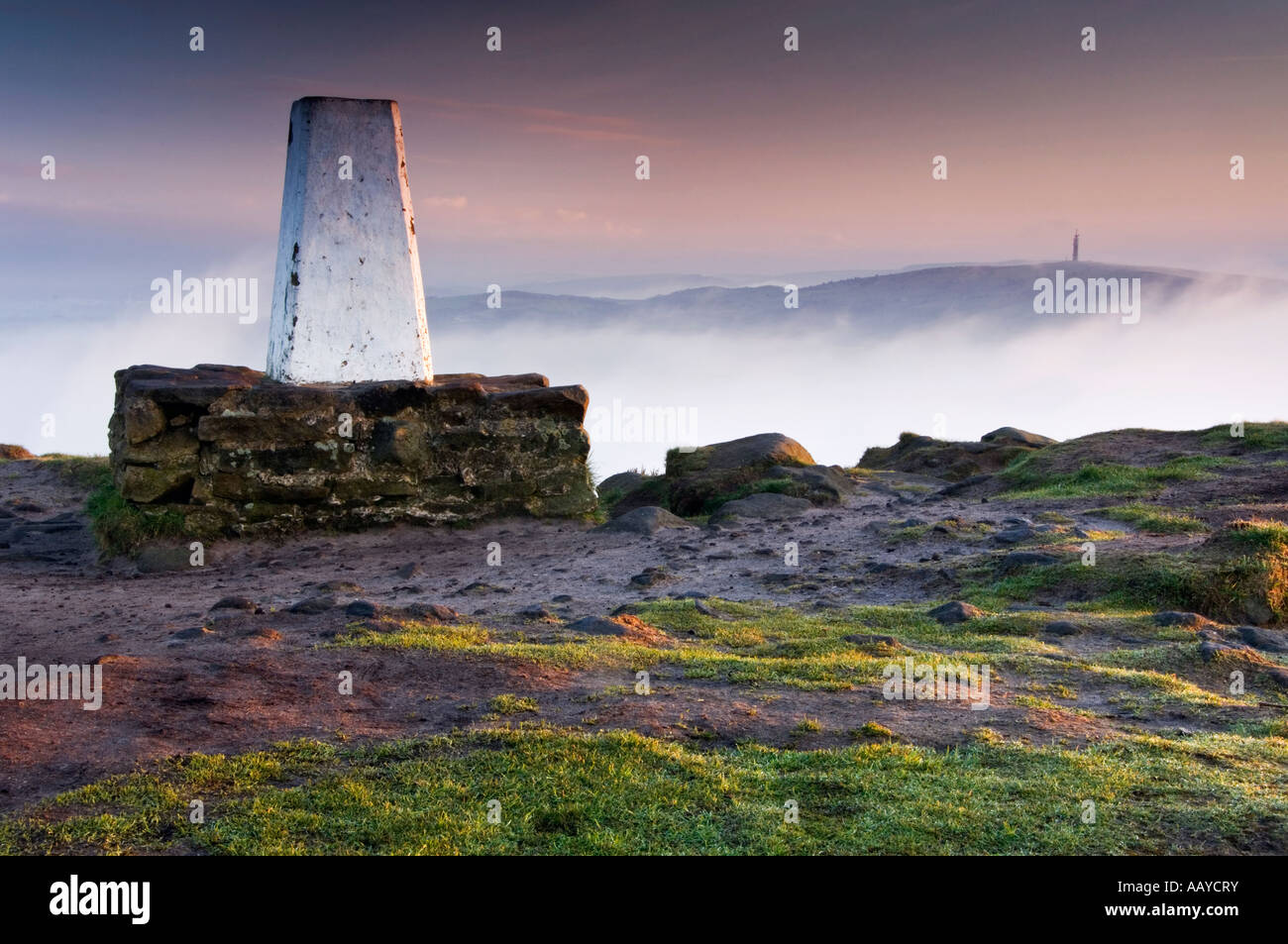Early Morning Mist Shrouds the Trig Point on Bosley Cloud, Near Congleton, Cheshire and Staffordshire Border, England, UK Stock Photo