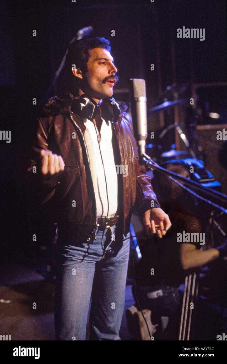 Freddie Mercury lead singer with rock group Queen in Anvil sound recording studio London 22 October 1980 recording Flash Gordon PER0018 Stock Photo