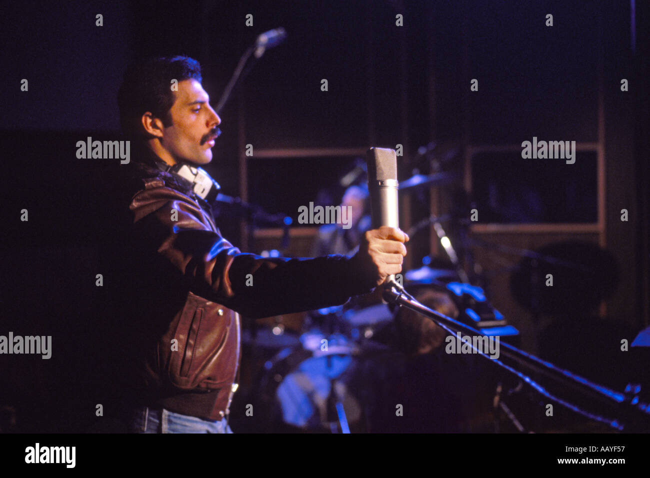 Freddie Mercury lead singer with rock group Queen in sound recording studio 22 October 1980 recording Flash Gordon PER0023 Stock Photo