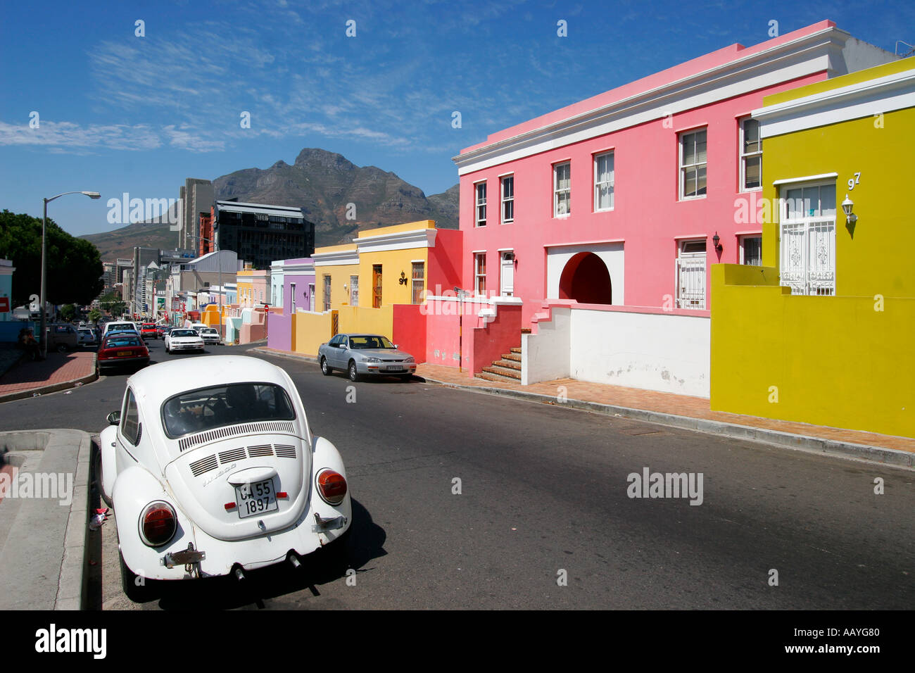 cape town Bo Kaap colorful facades in area of cape muslims VW beetle  Stock Photo