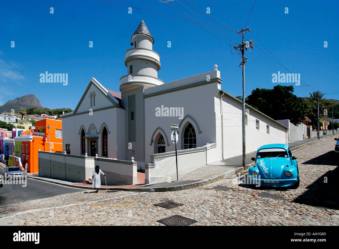 cape town Bo Kaap colorful facades in area of cape muslims VW beetle church  Stock Photo