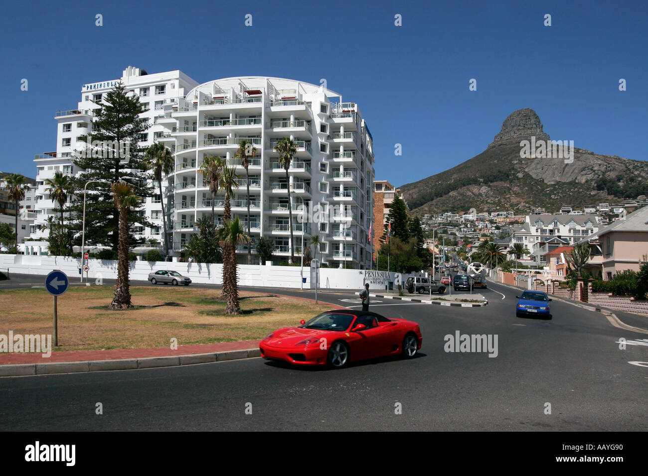 cape town clifton roundabout Ferrari Hotel Peninsula Lions head Stock Photo