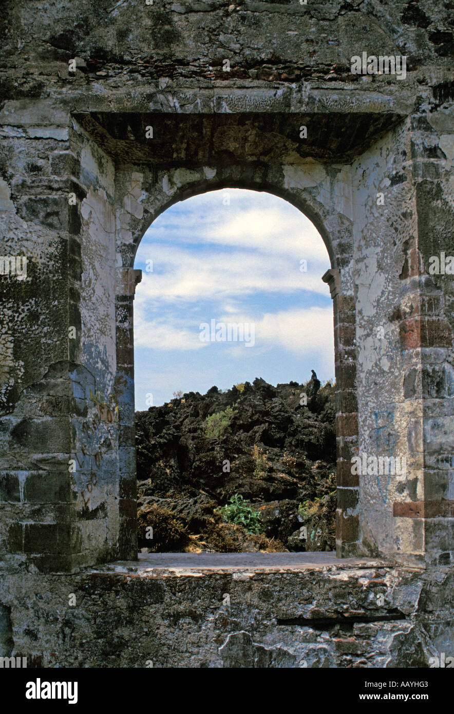 Church tower left satnding after volcano devastated the rest of the hamlet of San Juan Parangaricutiro, Uruapan, Mexico. Stock Photo