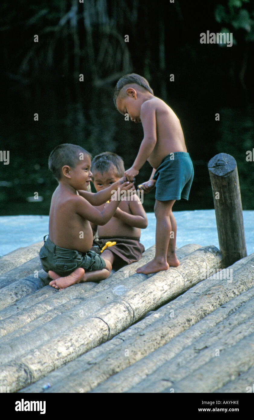 Indigenous children playing by the Orinoco River, Amazonas, Venezuela. Stock Photo