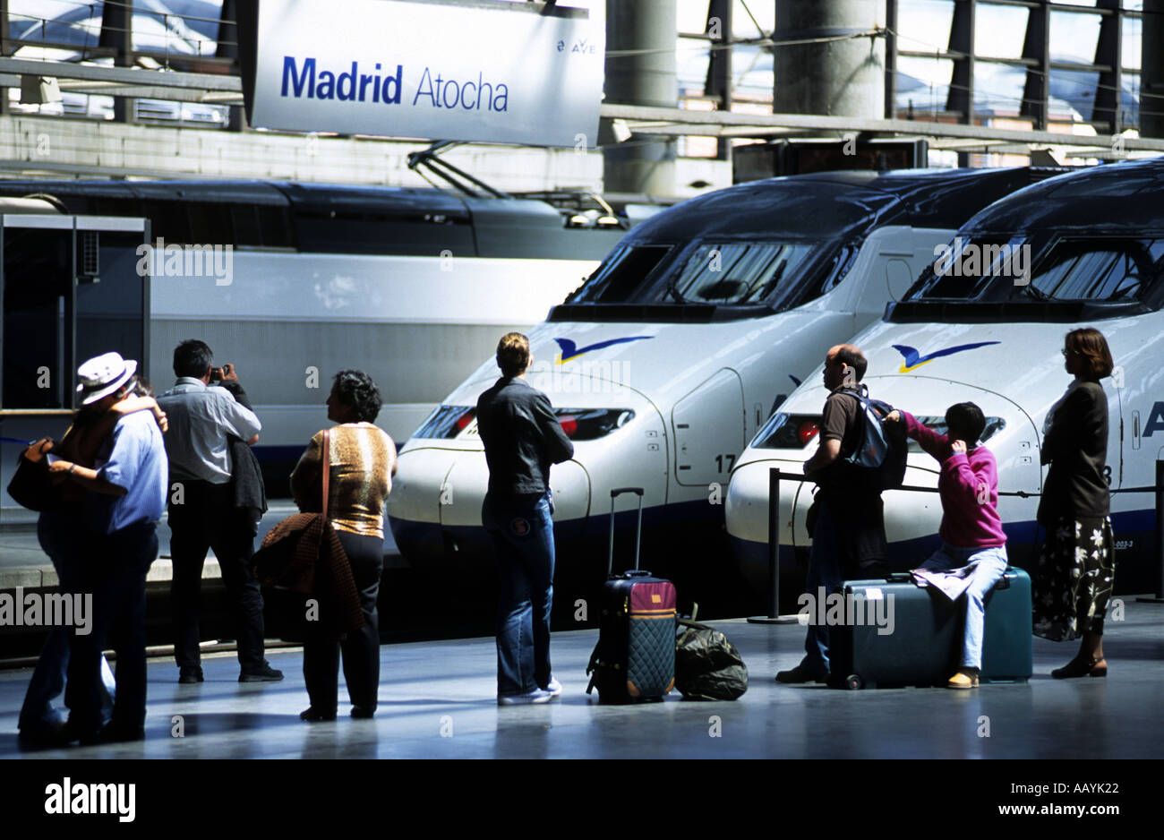 Atocha station, is the largest railway station in Madrid, Spain. Serving commuter trains (Cercanias) and AVE high speed trains. Stock Photo