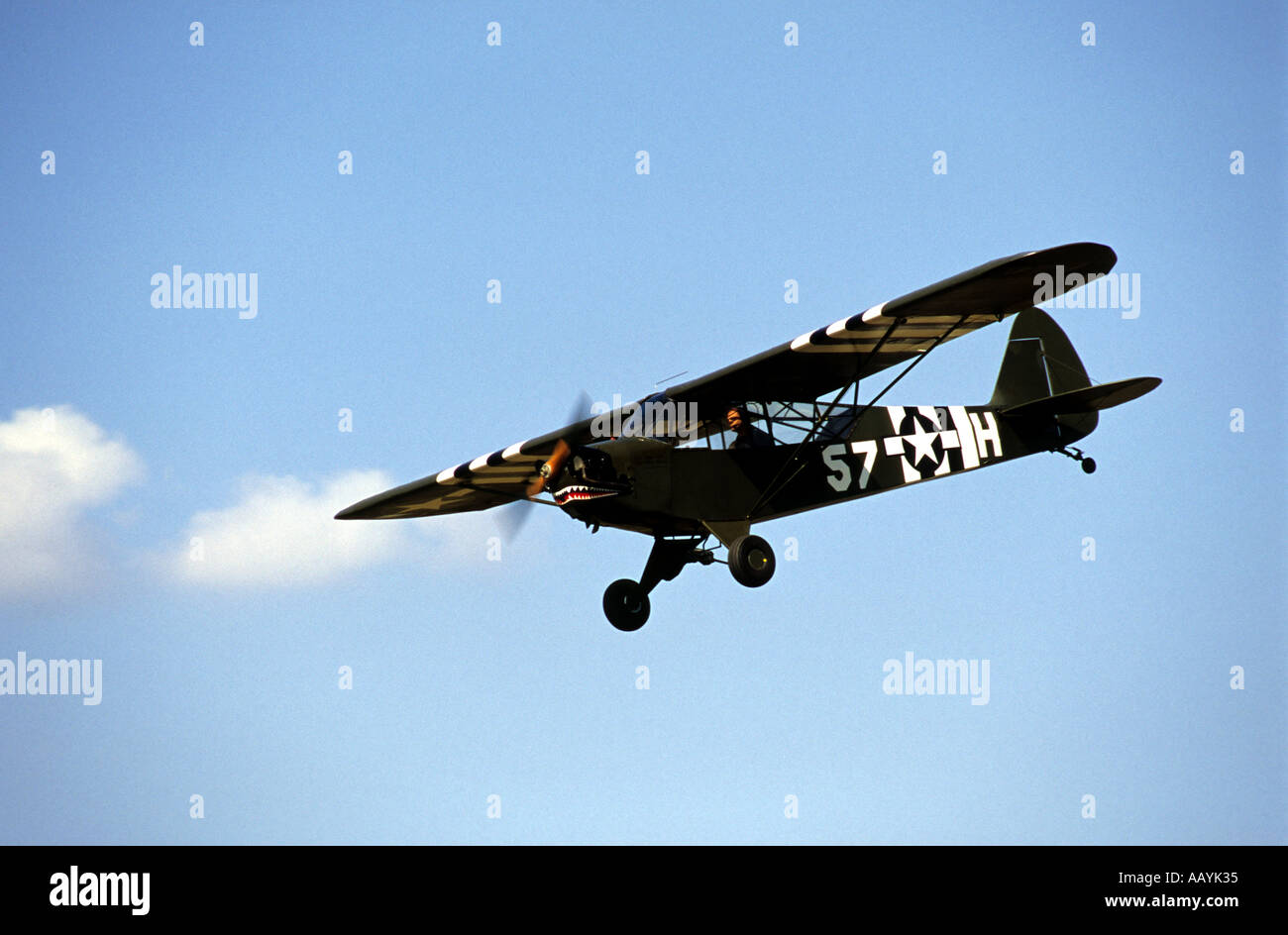 Taylorcraft L-2 observation or reconnaissance aircraft over Rougham airfield, Suffolk, England. Stock Photo