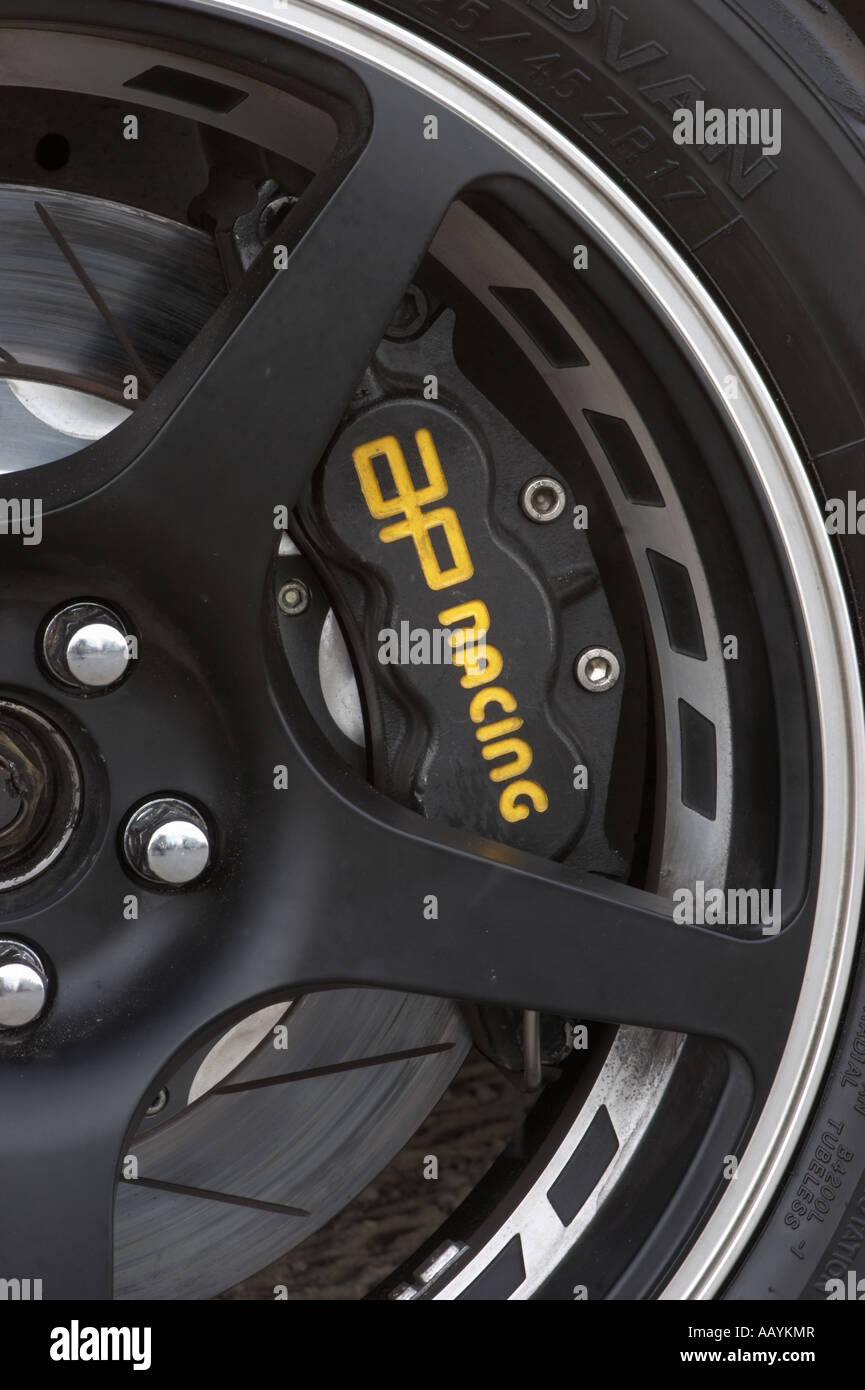 close up of disc and calliper on a modified performance race car Stock