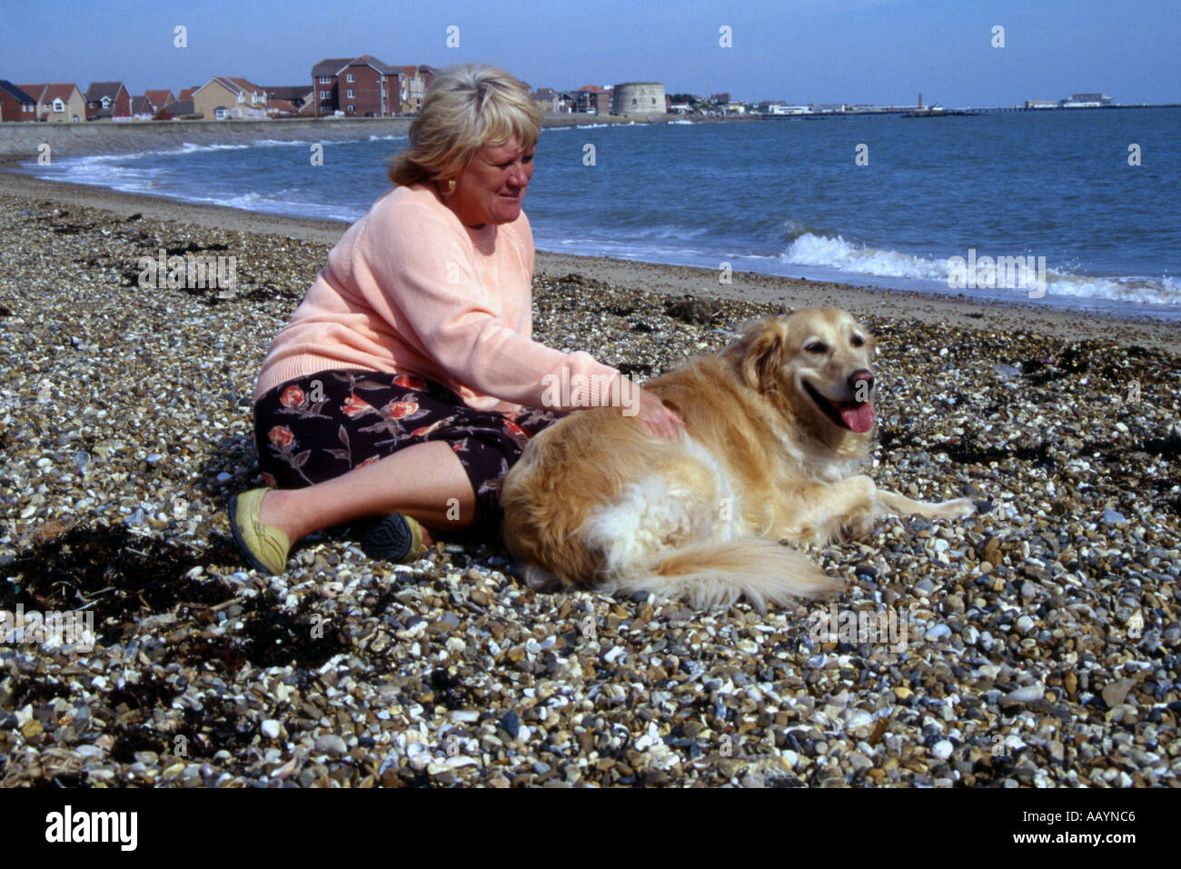 FEMALE SITTING ON A BEACH WITH HER GOLDEN RETRIEVER DOG Stock Photo - Alamy