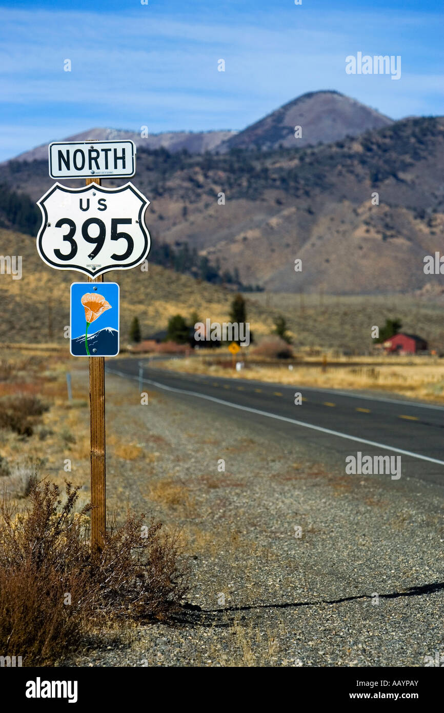 California Highway 395 Road Sign View Stock Photo