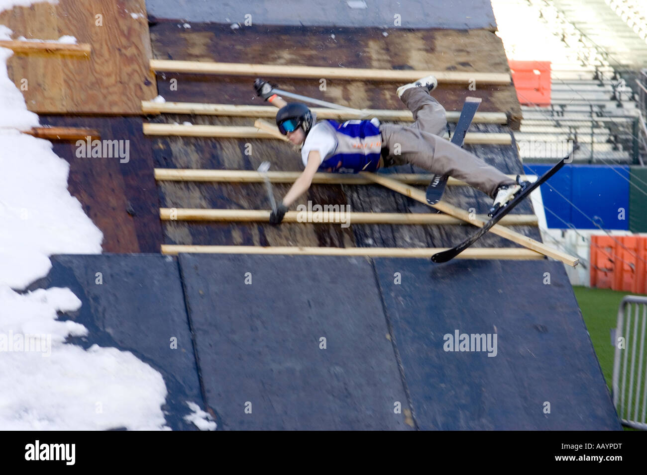 Extreme Sport Snowboarding Competitor Kaya Turski Horrific Wipe Out Stock Photo