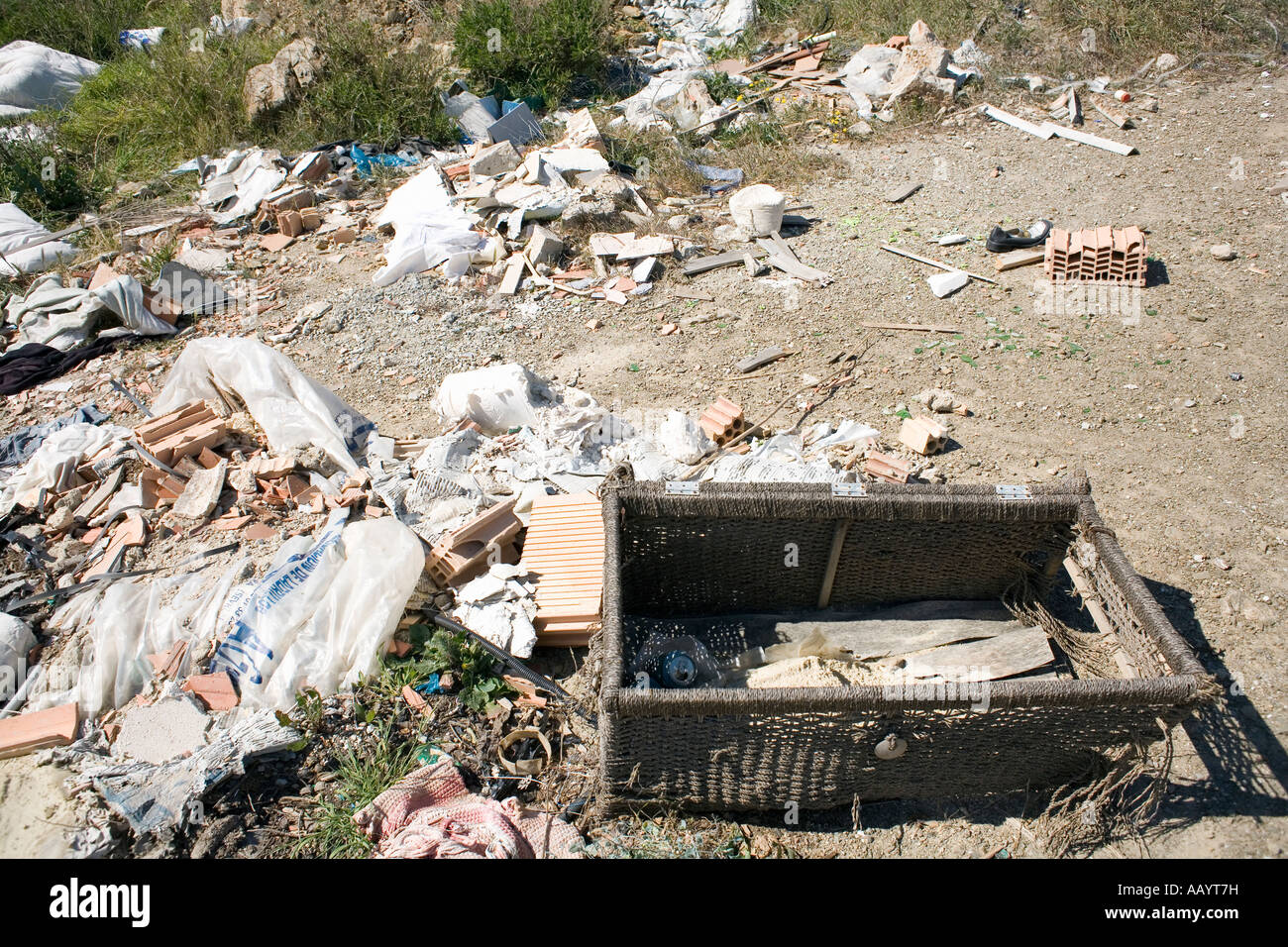 Rubbish and builders rubble dumped in the Spanish countryside Stock
