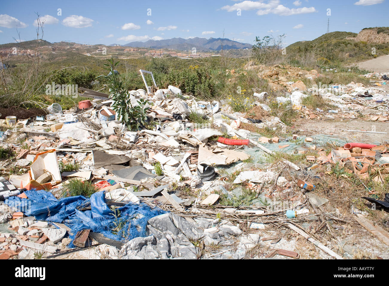 Rubbish and builders rubble dumped in the Spanish countryside Stock