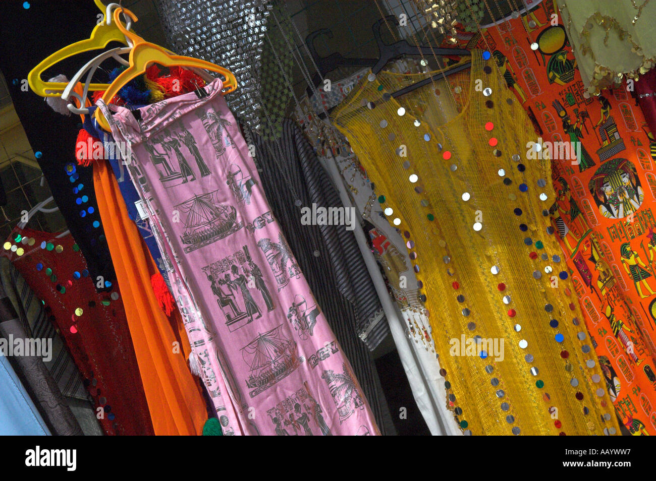 Brightly coloured dresses and sarongs Ed Dahar region Hurghada Egypt Stock Photo
