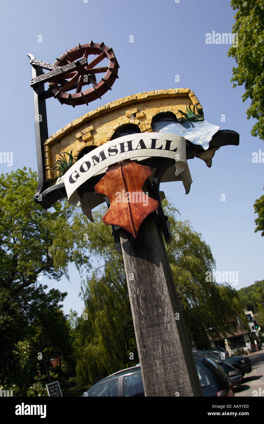 Traditional village sign at Gomshall, Surrey, England, UK Stock Photo
