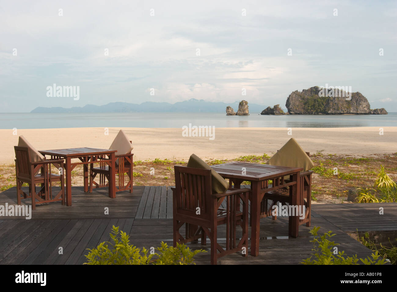 Tanjung Rhu beach as seen from Tanjung Rhu Resort grounds. Langkawi island, Malaysia. Stock Photo