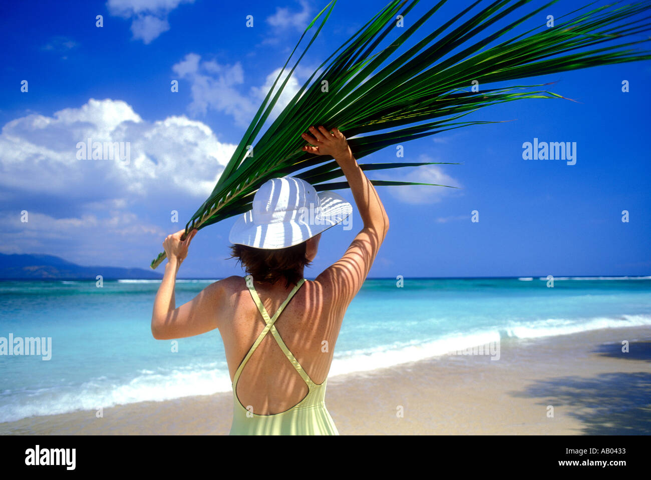 Woman in swimsuit holding palm frond leaf overhead for shade Lombok Island Indonesia Southeast Asia Model released image Stock Photo