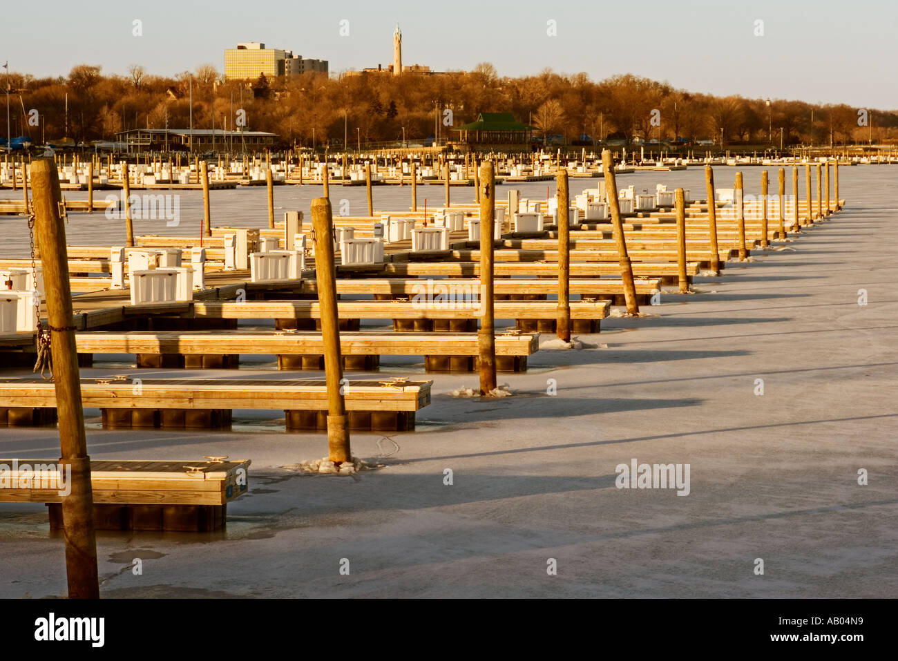 Winter at the Marina at Veterans Park, Milwaukee Wisconsin, with a frozen Lake Michigan Stock Photo