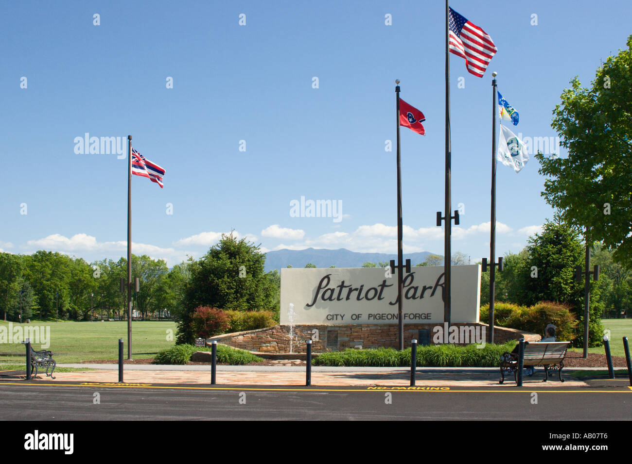 Flags fly over entrance to Patriot Park at center of Pigeon