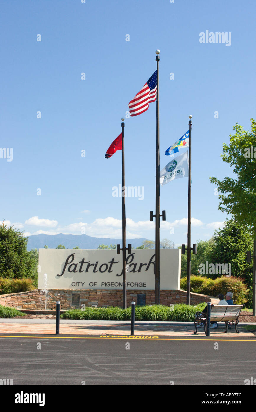 Flags fly over entrance to Patriot Park at center of Pigeon