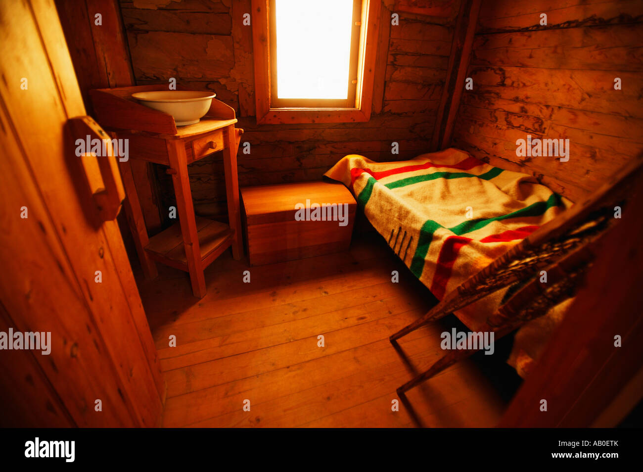 Oldfashioned room with Hudson's Bay Company blanket, snowshoes and