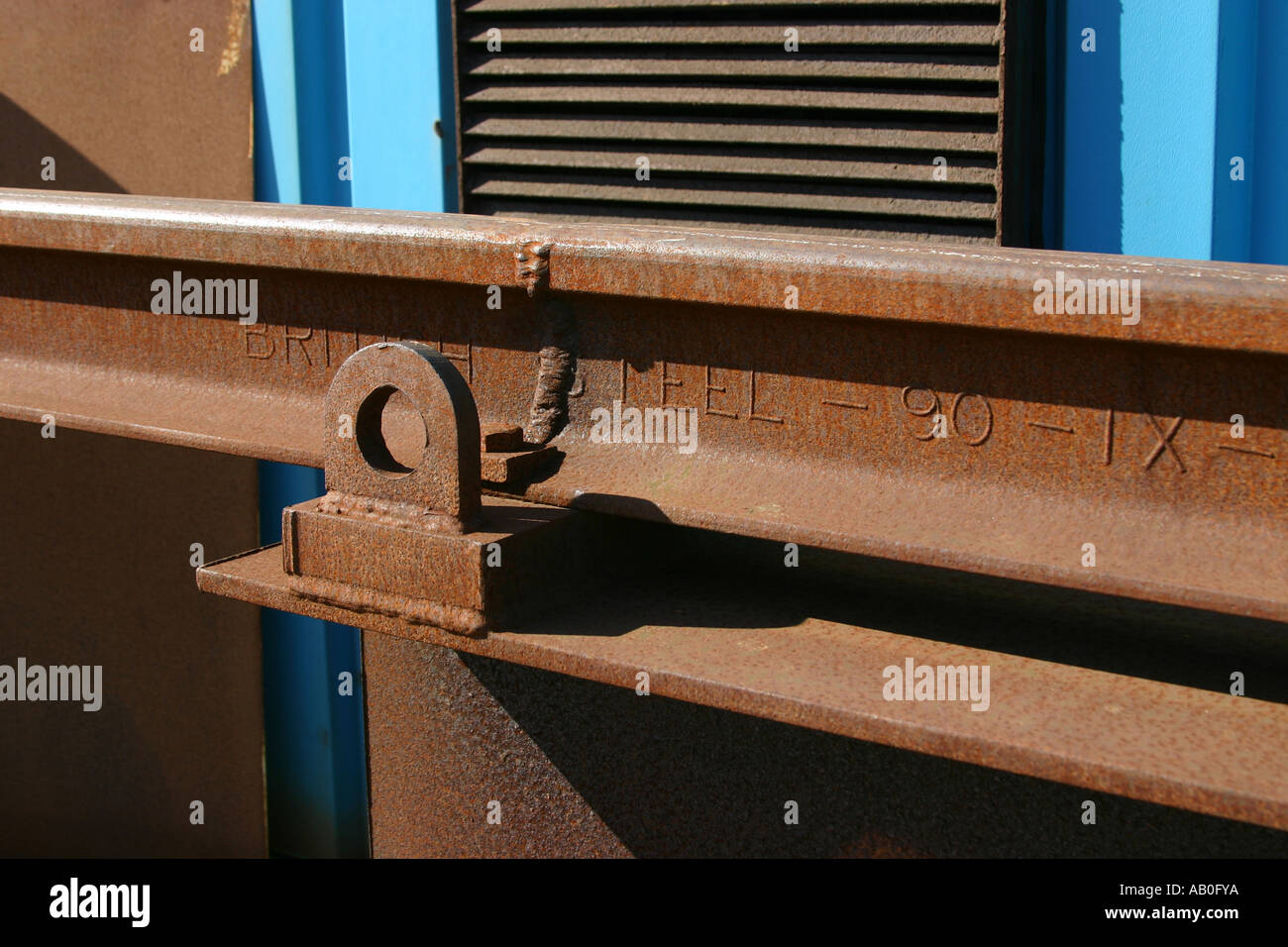 Sections of railway line welded together showing weld over spill Stock