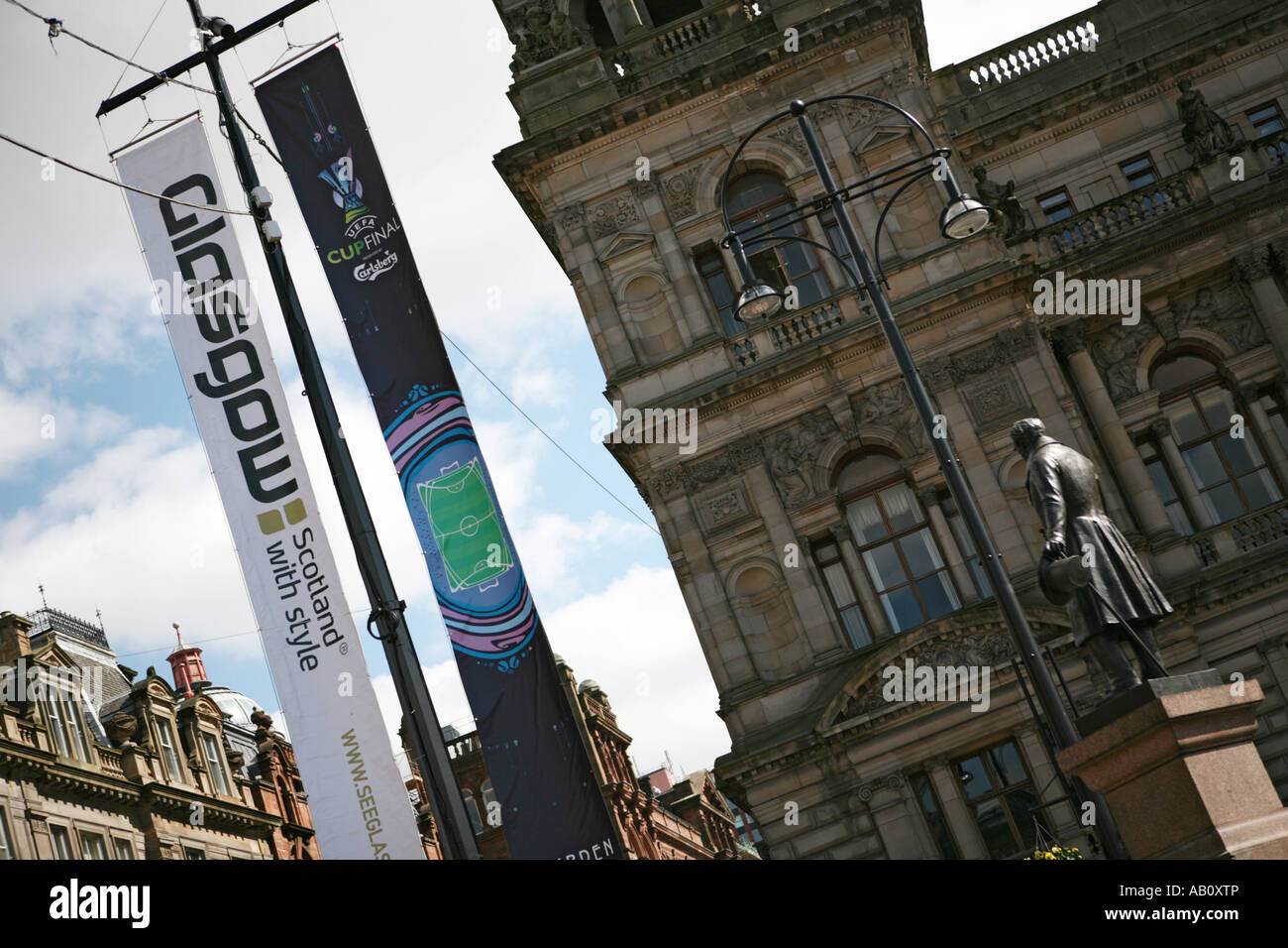 Glasgow street with banners advertising the UEFA cup final Stock Photo
