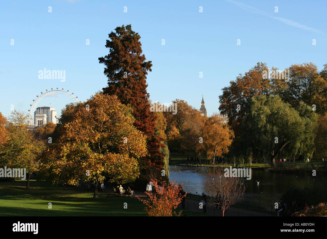 St James Park in London England on a bright autumn day with the London Eye in the background Stock Photo