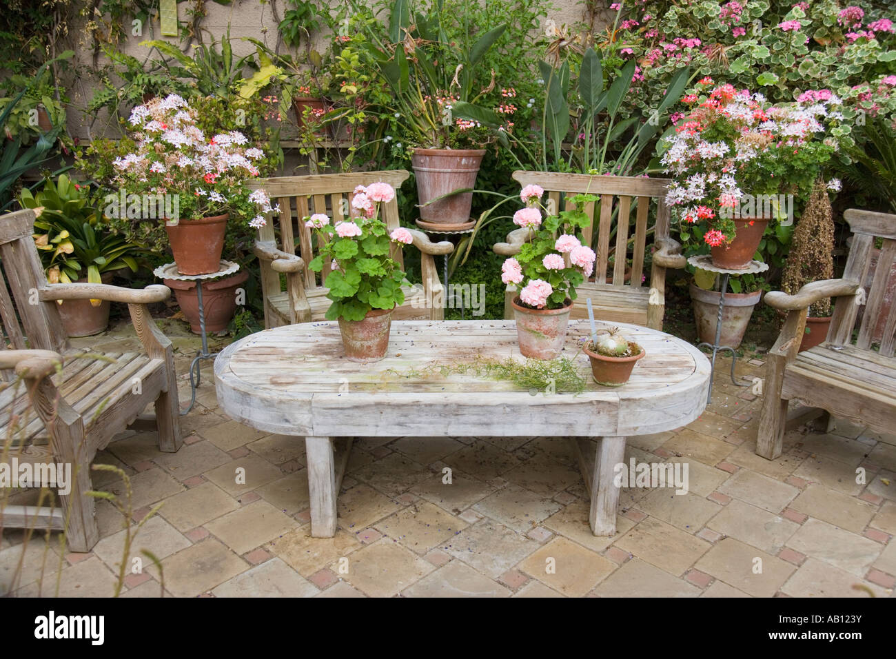 Wooden Garden Furniture on Patio UK Norfolk Stock Photo Alamy