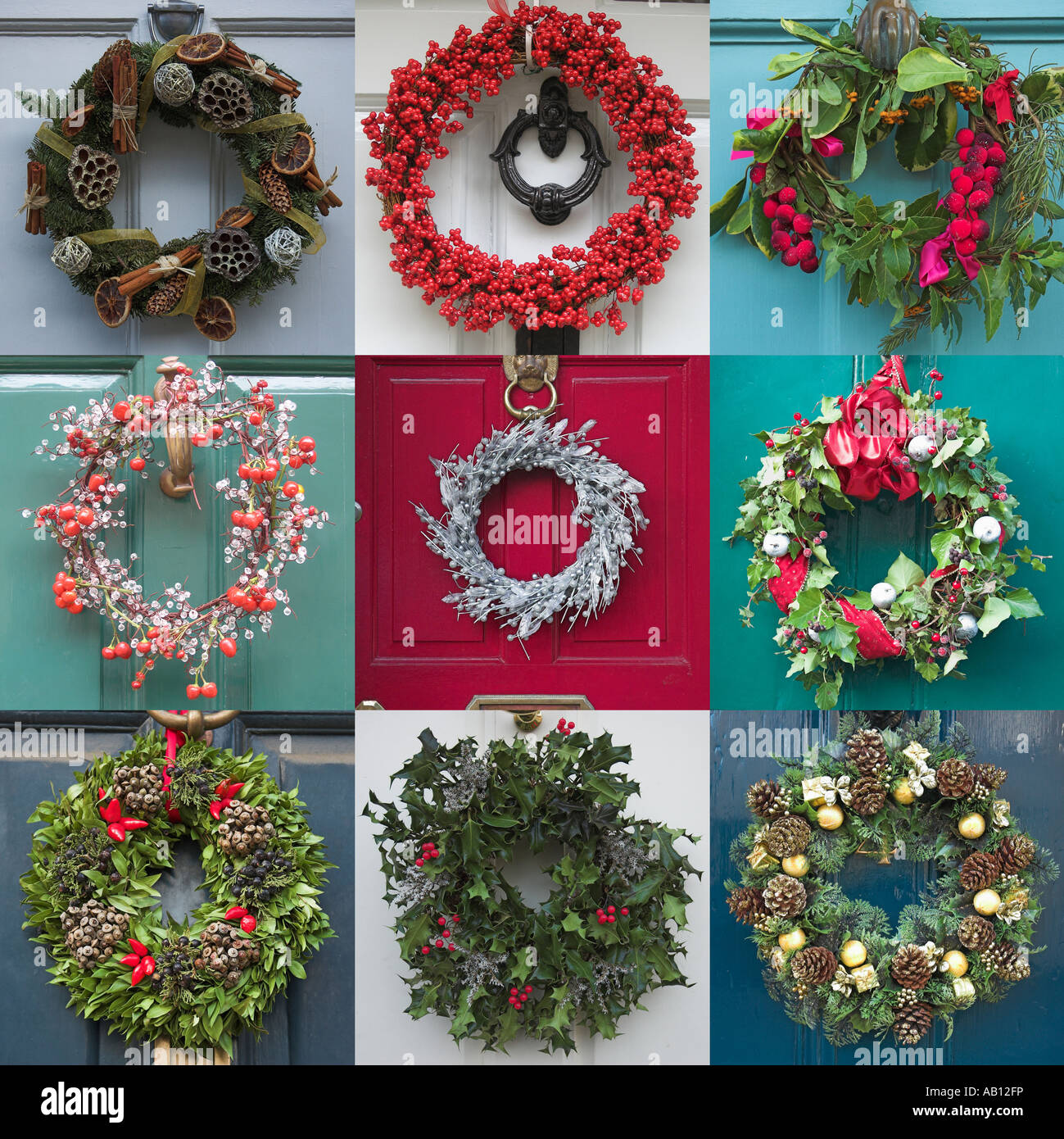 Seasonal Christmas wreaths on front doors Stock Photo
