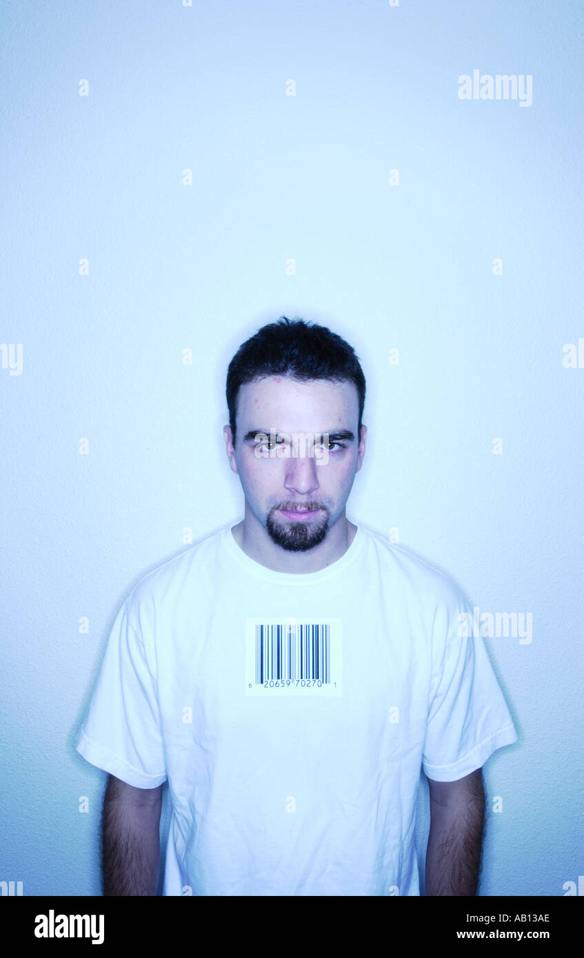 Man with barcode label on shirt Stock Photo
