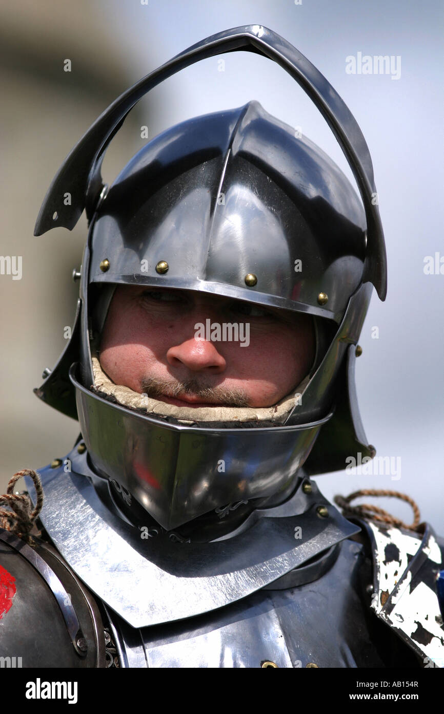 Close up of Knight preparing for joust Pendennis Castle Cornwall UK Stock Photo