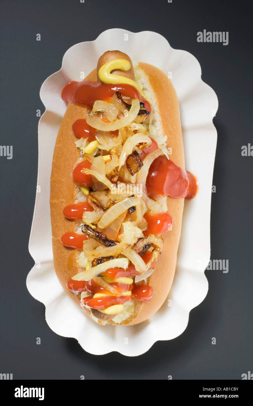 Hot dog with sauerkraut mustard ketchup and onions FoodCollection Stock