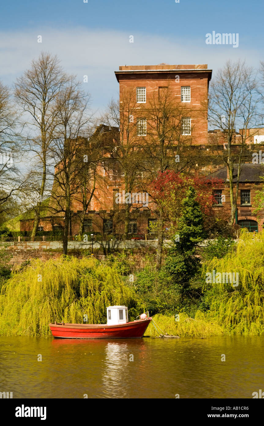 Fishing Boat on the River Dee Below Chester Castle, Chester, Cheshire, England, UK Stock Photo