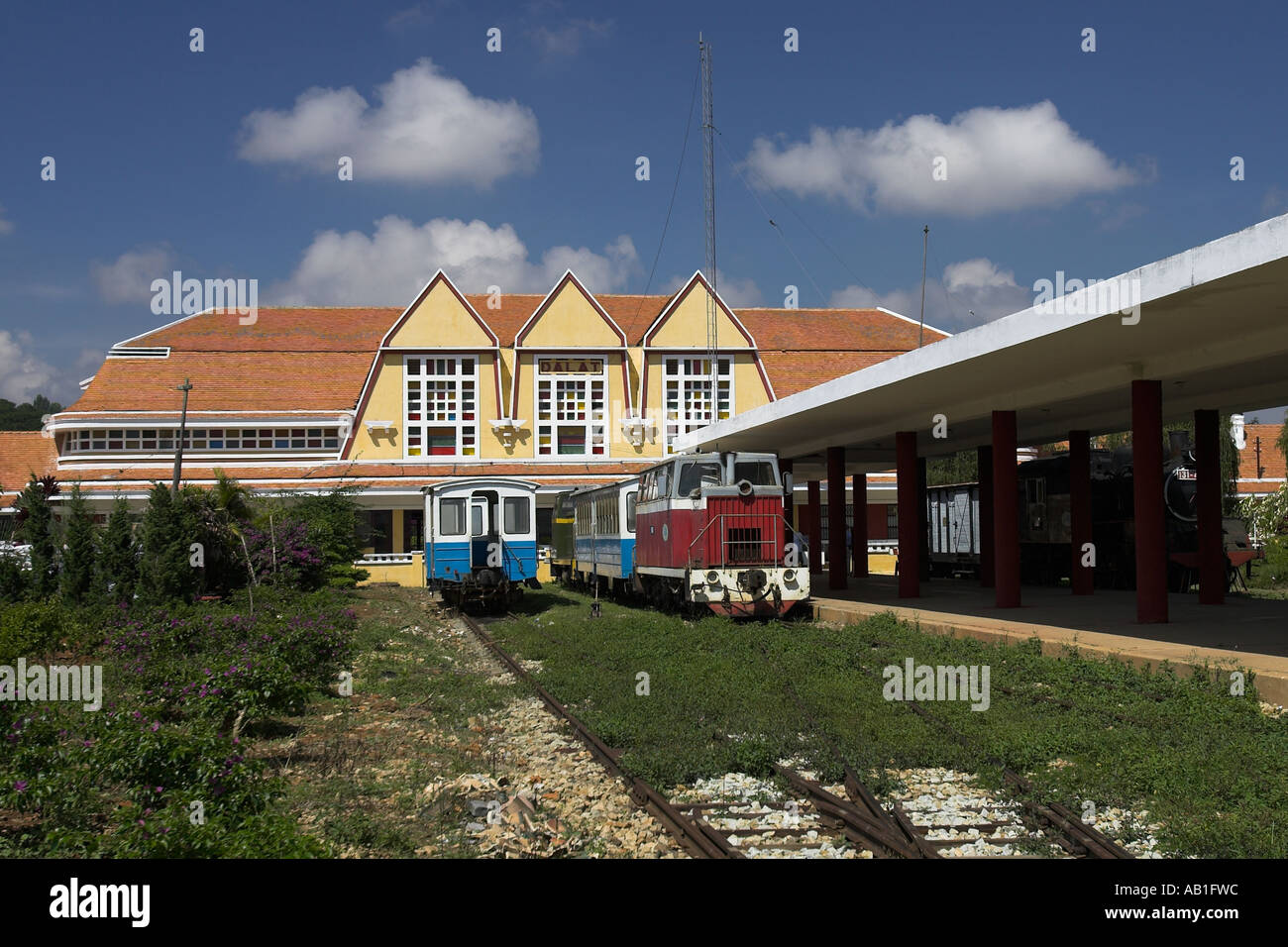 Old French colonial Cremaillere railway station Dalat south east Vietnam Stock Photo