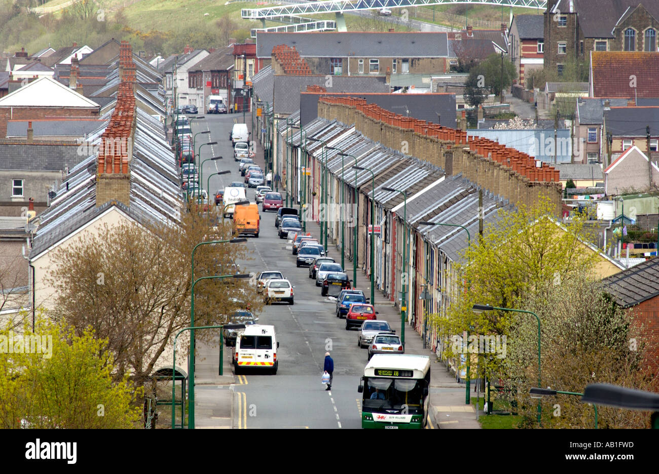 View up main street of village with police speed camera van Cwm near Ebbw Vale Blaenau Gwent South Wales UK Stock Photo