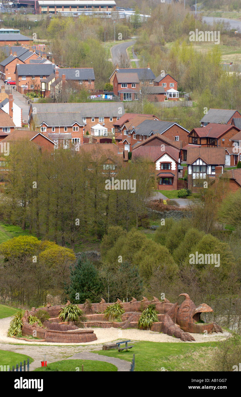 View over modern houses built on site of 1992 Garden Festival in Ebbw