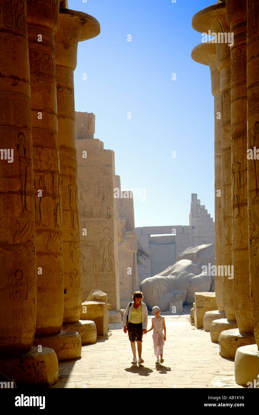 Mother and daughter at the Ramesseum Luxor,Egypt Stock Photo