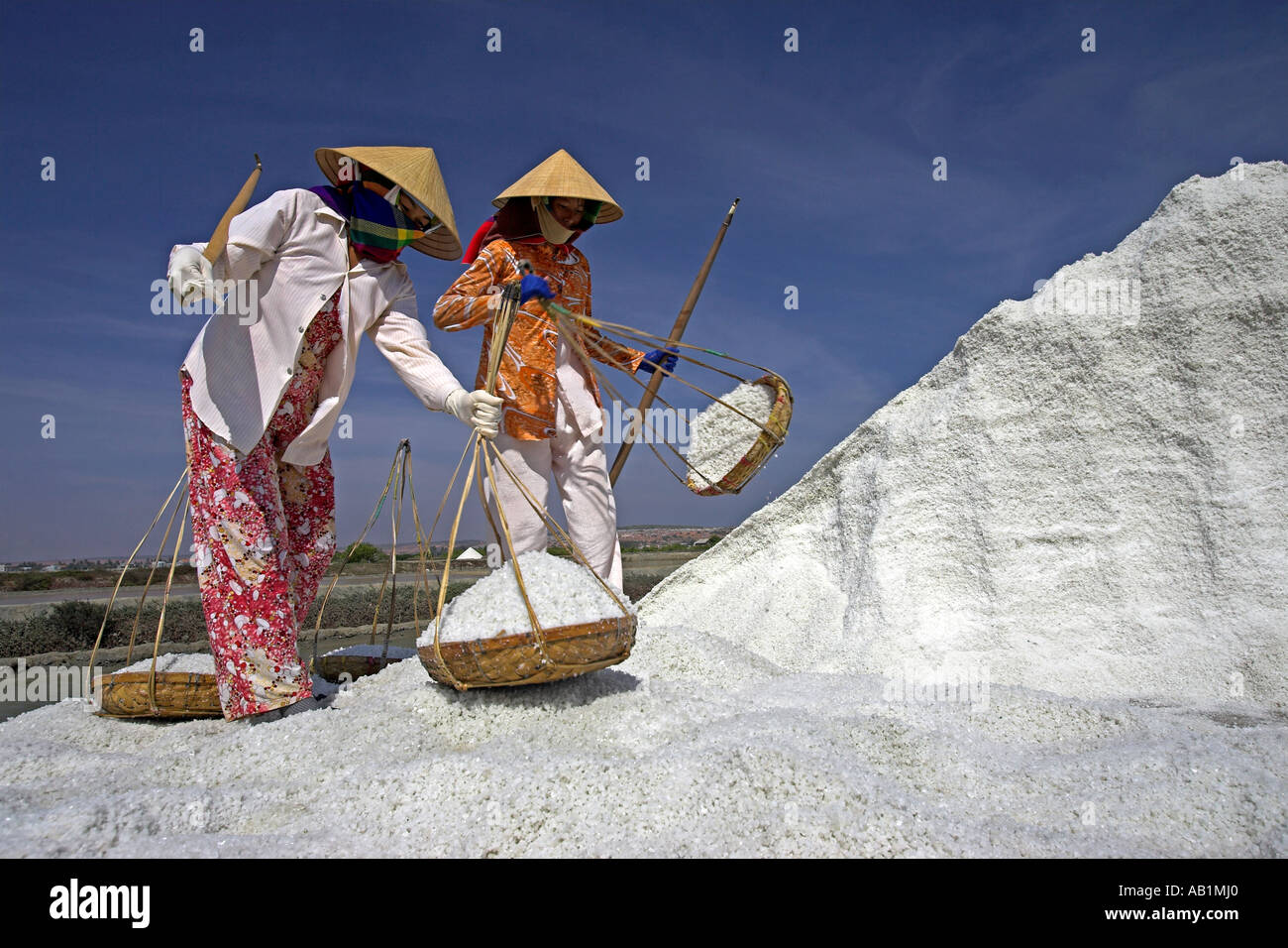 Women in conical hats empty pannier baskets of raked salt onto collection mound at salt ponds Phan Thiet Vietnam Stock Photo